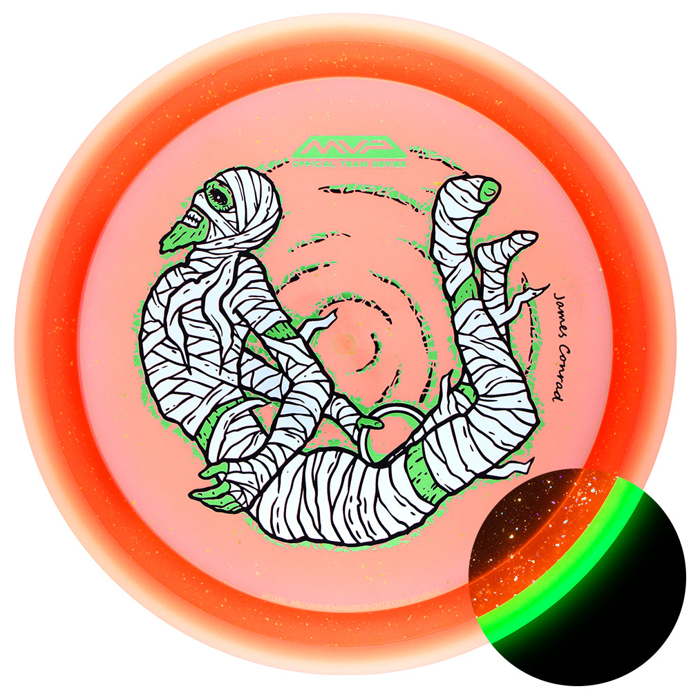 MVP James Conrad Halloween 2026 Particle Proton Trail distance driver in orange with Halloween-themed design and branding.
