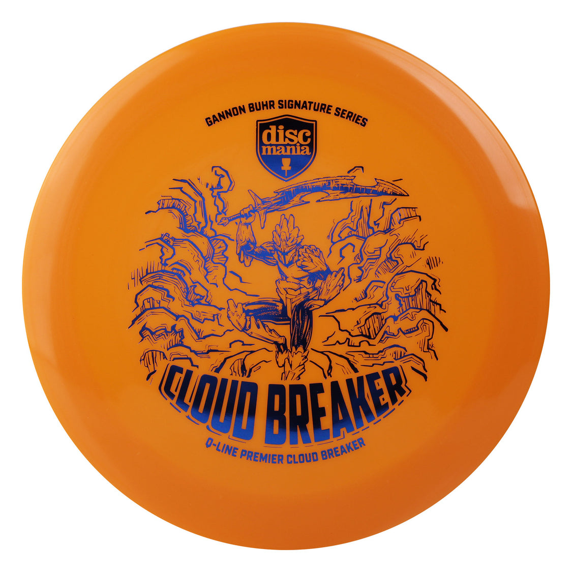 Discmania Q-Line Premier Cloud Breaker Gannon Buhr Signature Series distance driver in orange, showcasing its disc design and branding.